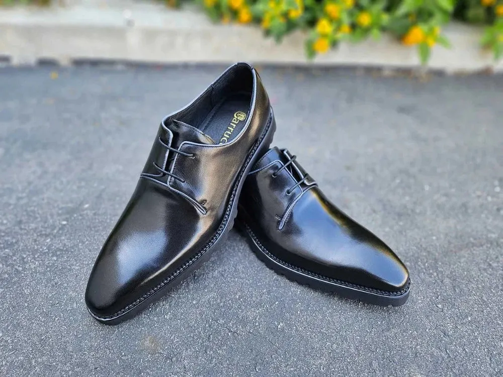 Carrucci Black Lace-Up Shoes Oxford Genuine Leather Whole Cut Derby with Lug Sole