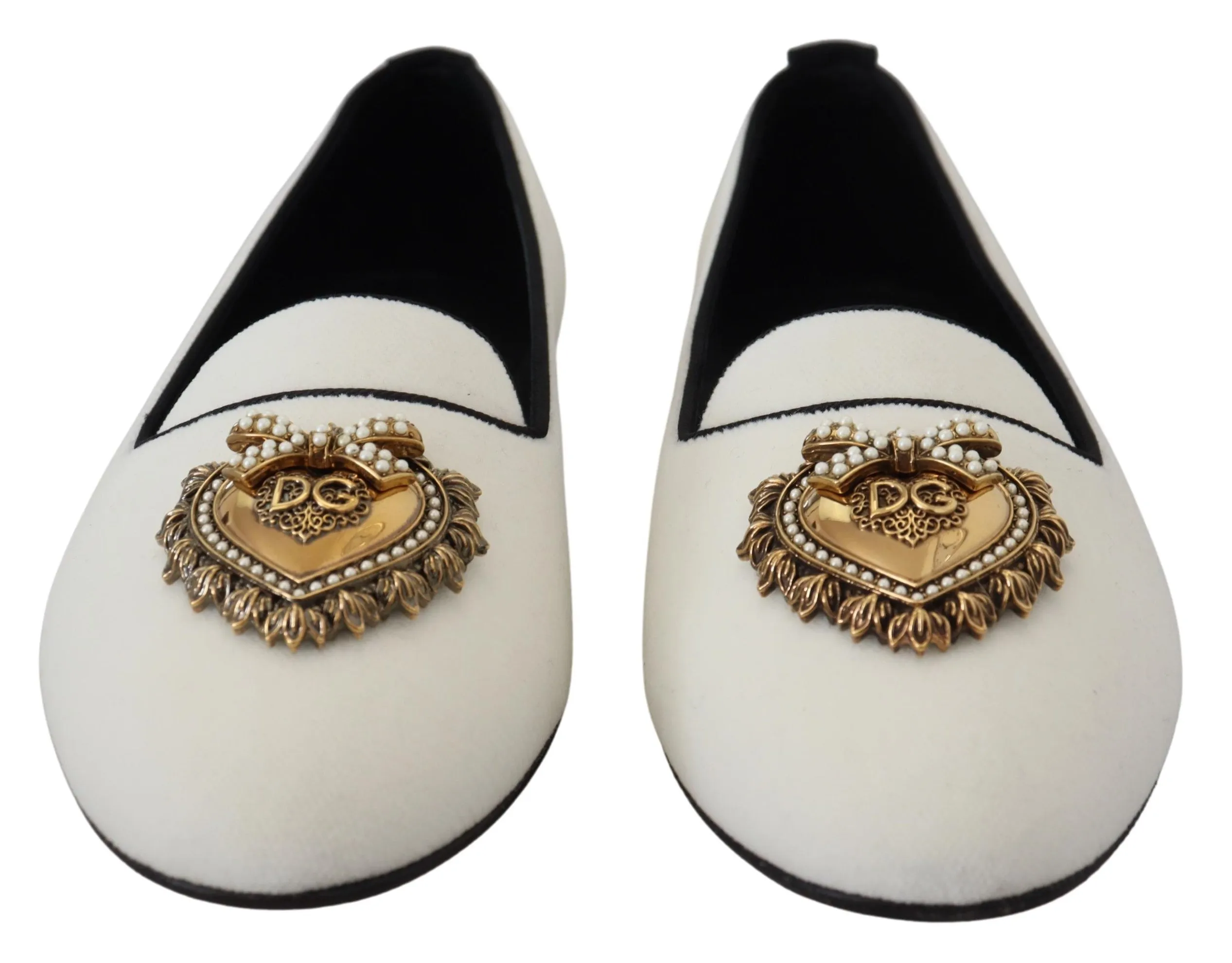 Dolce & Gabbana Elegant White Velvet Loafers with Gold Heart Detail