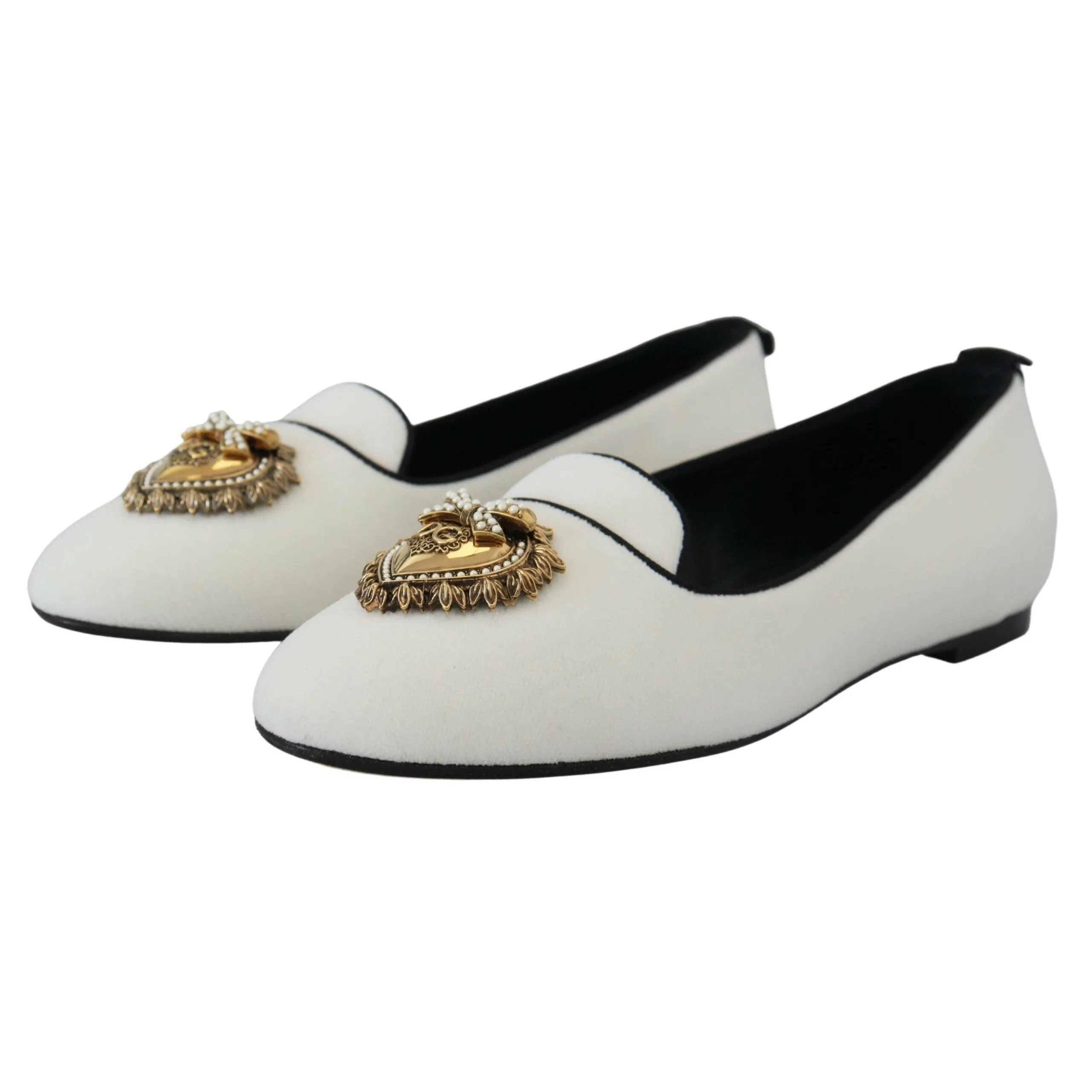 Dolce & Gabbana Elegant White Velvet Loafers with Gold Heart Detail