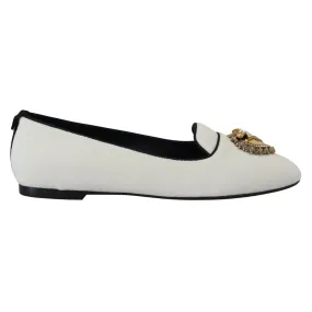 Dolce & Gabbana Elegant White Velvet Loafers with Gold Heart Detail