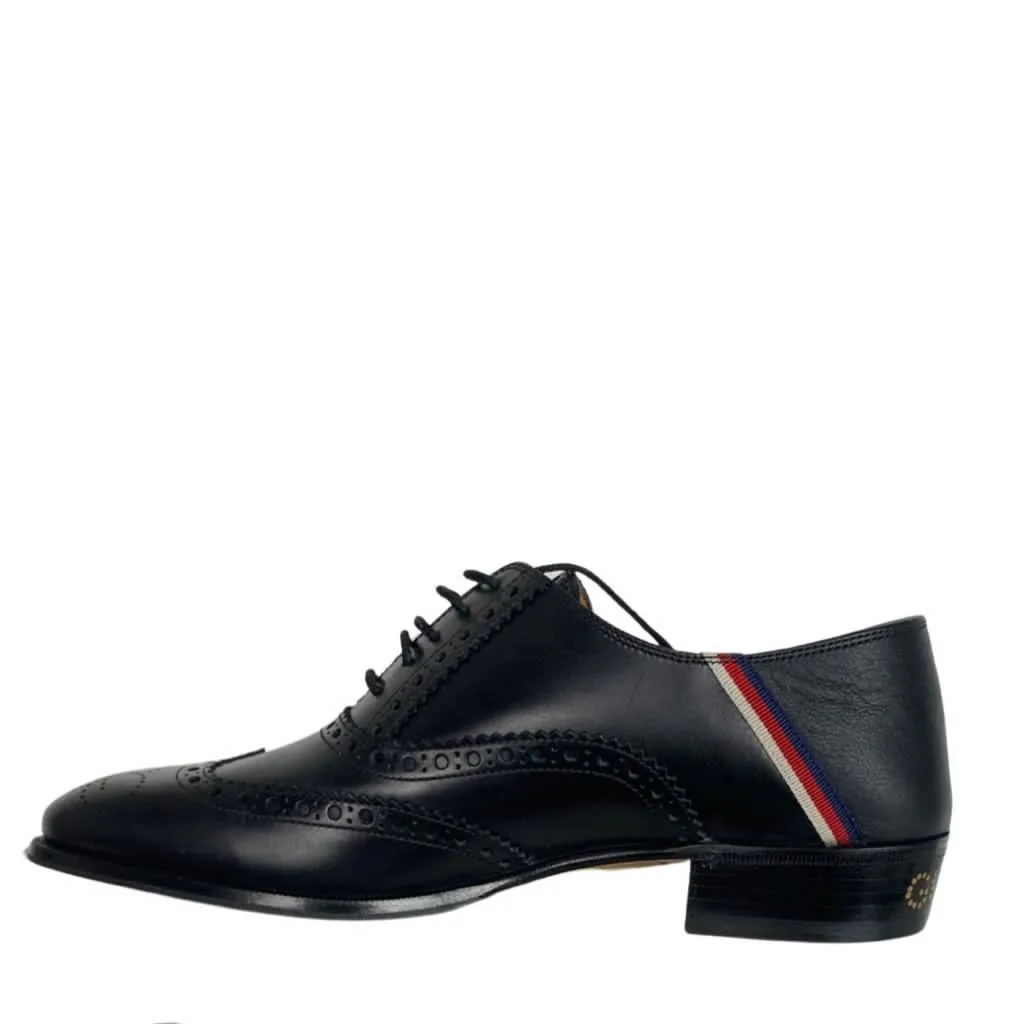 Gucci Men Brogue Sylvie Web Lace Up Oxford Classic  Shoes Black Color