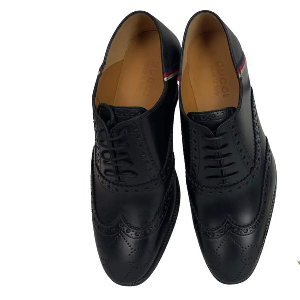 Gucci Men Brogue Sylvie Web Lace Up Oxford Classic  Shoes Black Color