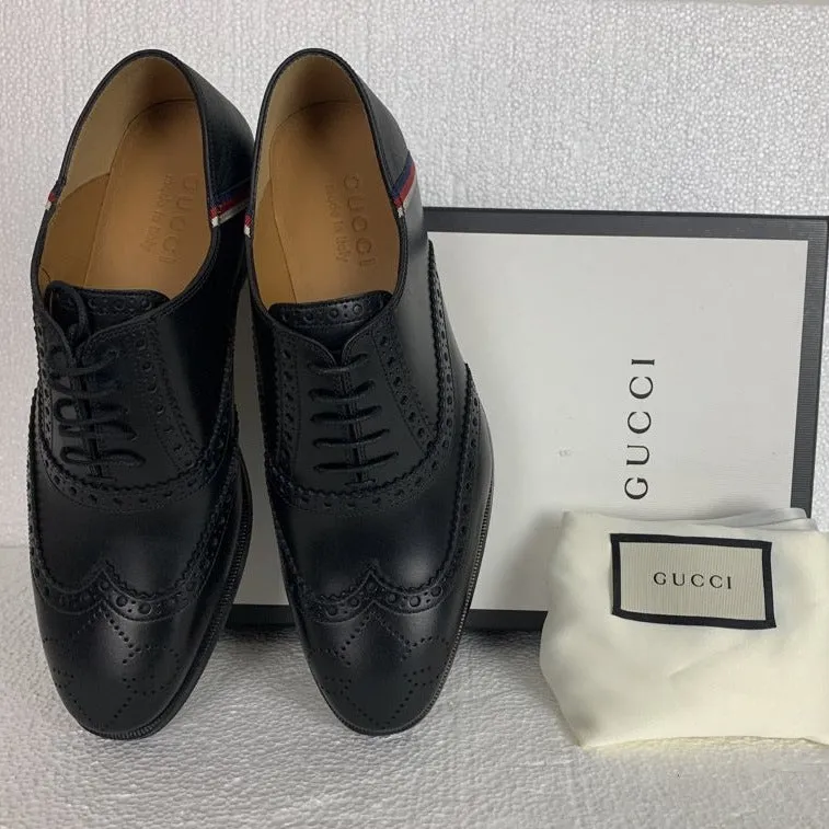 Gucci Men Brogue Sylvie Web Lace Up Oxford Classic  Shoes Black Color