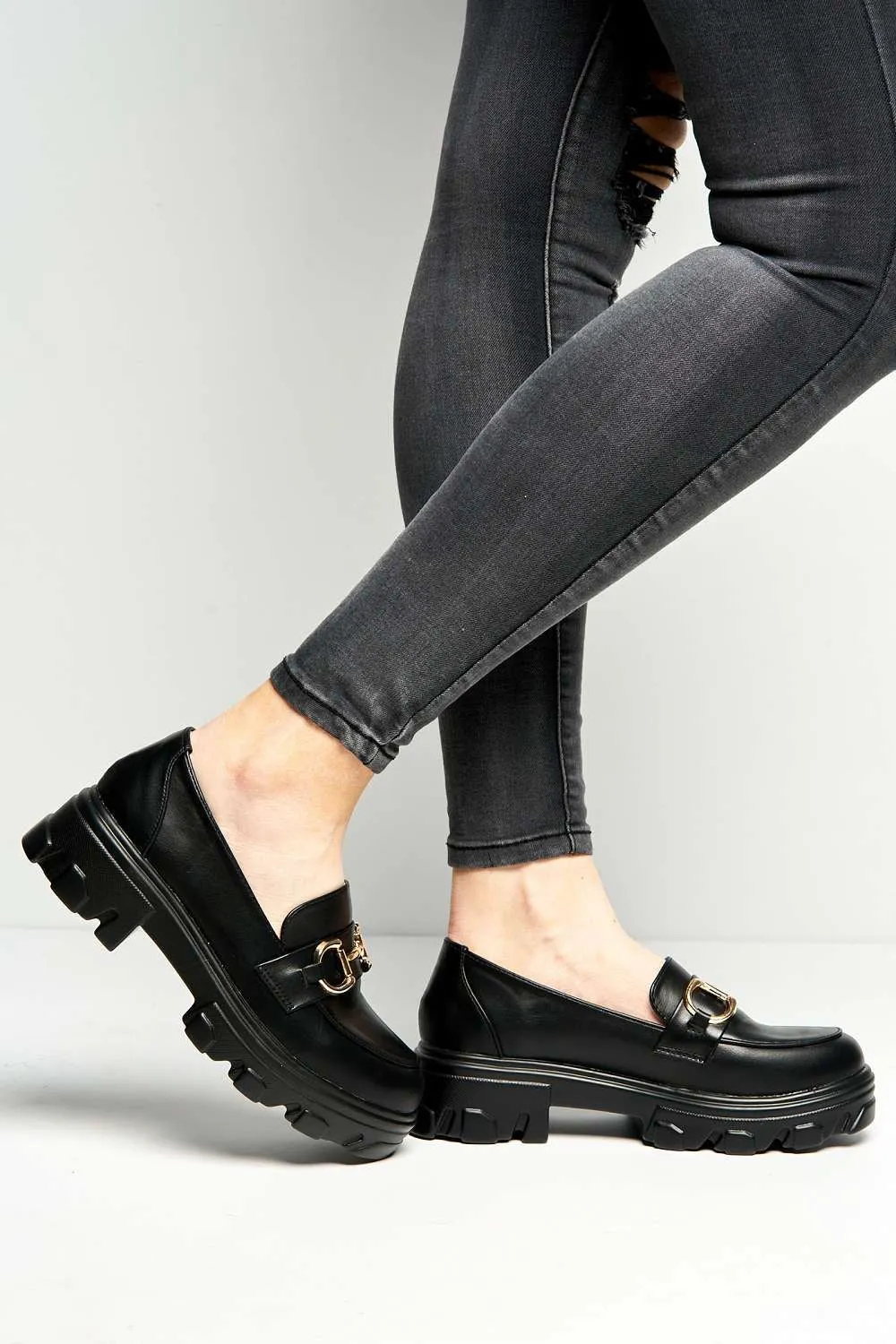 Jocelyn Link Detail Chunky Sole Loafers in Black Matt