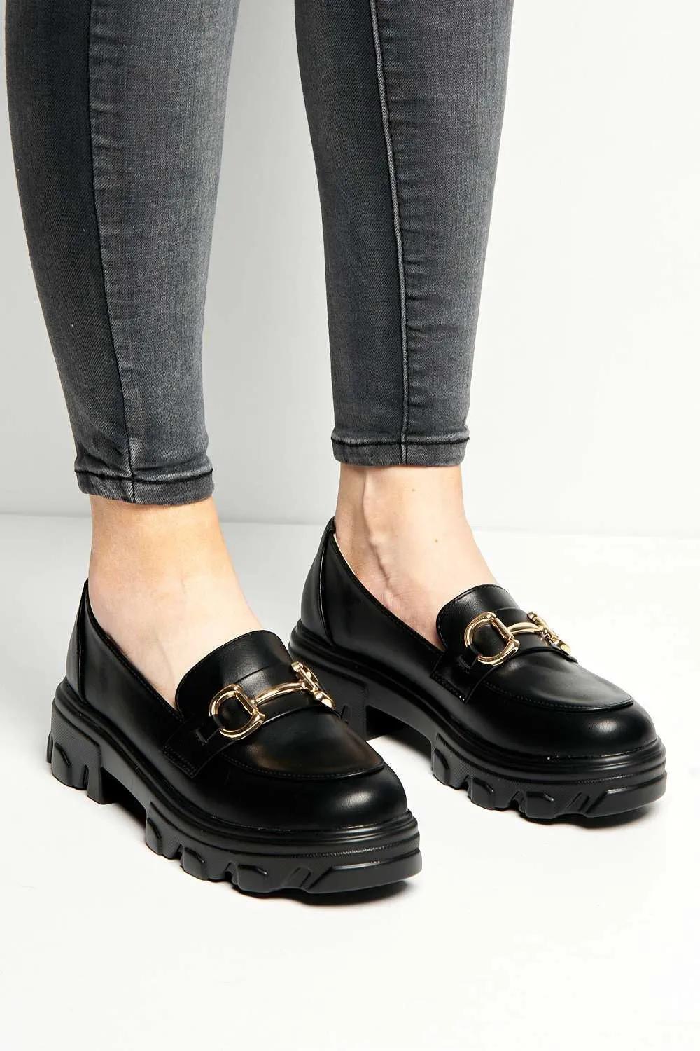 Jocelyn Link Detail Chunky Sole Loafers in Black Matt