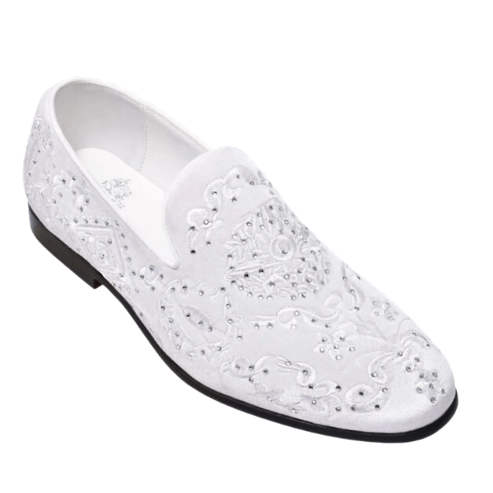 White Paisley Velvet Loafer: Embedded with White Stones